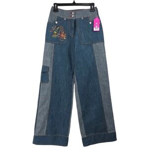 Oilily Jeans Size 36 US 6 Patchwork Wide Leg Baggy Cargo High Rise Blue Denim